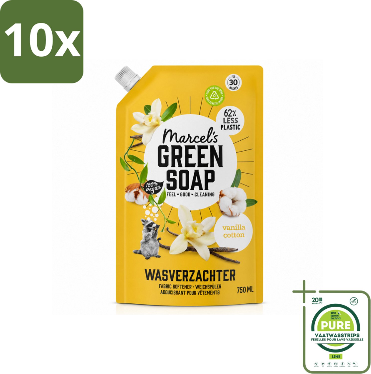 10 x Marcel's Green Soap - Wasverzachter - Navulling - Katoen & Vanille - Zachte frisheid- 30 Wasbeurten - 750 ml - Grootverpakking - Vaatwasstrips - Wasverzachter - Wasgoed Zachter Maken - Katoen Geur - Vanille Geur - Milieuvriendelijk Wasgoed