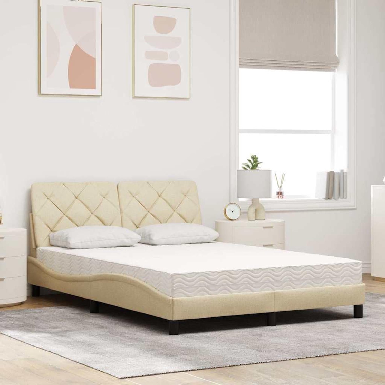 Bed met matras van crème, 140 x 190 cm, stof, ademend polyesterweefsel en comfortabele schuimstofmatras voor een goede nachtrust, inclusief geïntegreerde lattenbodem
