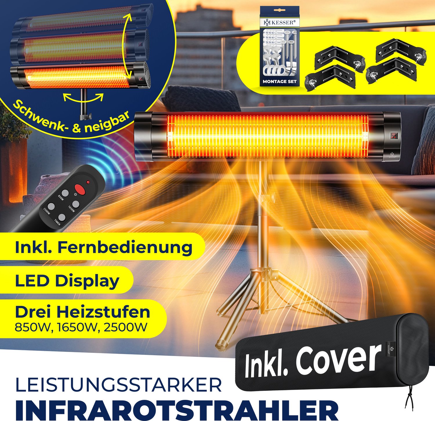 KESSER Terrasverwarmer Elektrisch 2500 W Staand - Infrarood Heater voor Buiten, In Hoogte Verstelbaar, met Afstandsbediening en Beschermhoes - Zwart – foto 6