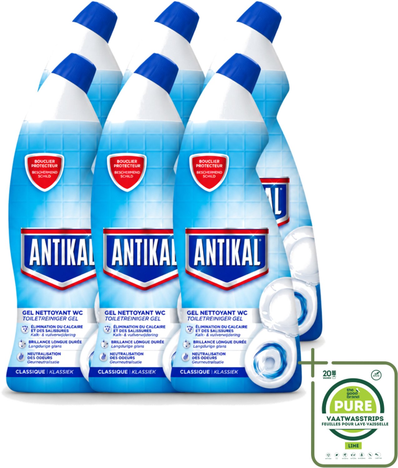6 x Antikal - Toiletreiniger - Verwijdert Kalkaanslag & Vuil - 750 ml - Grootverpakking - Vaatwasstrips - Toiletreiniger - Kalkverwijdering - Fris Toilet - Geurinsluitend - Toilet Reinigen
