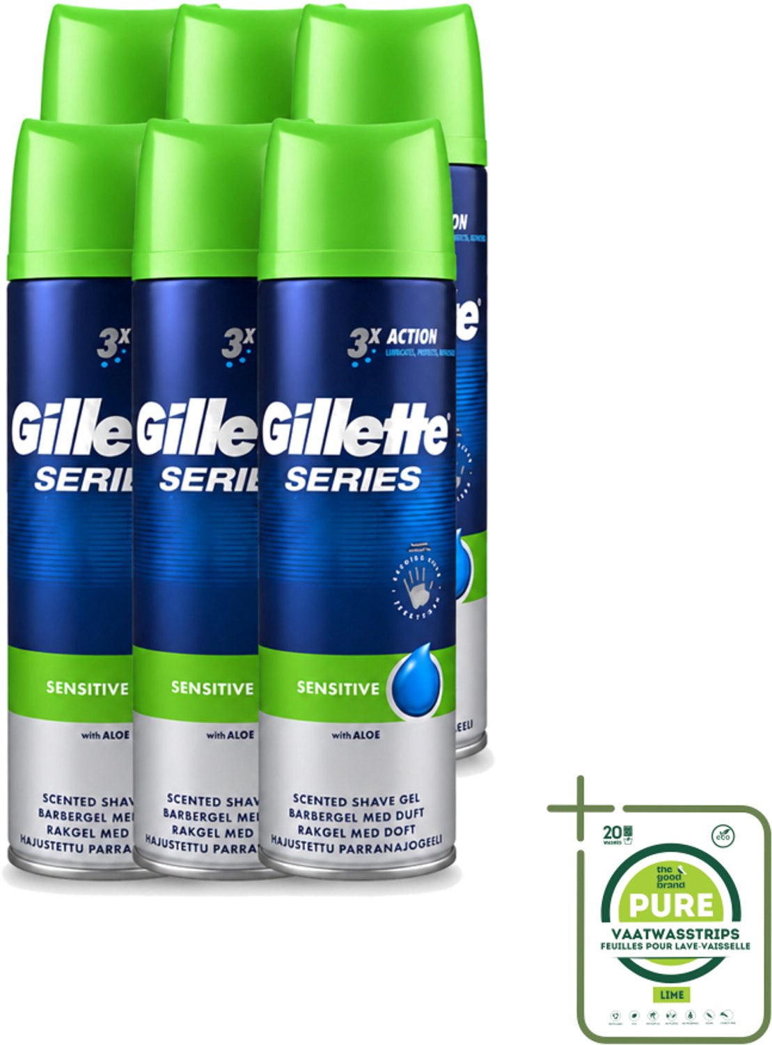 6 x Gillette Series - Scheergel - Sensitive - Aloe Vera - Voor de gevoelige huid - 200 ml - Grootverpakking - Vaatwasstrips - Gevoelige Huid - Scheergel - Scheren - Schuim - Roodheid