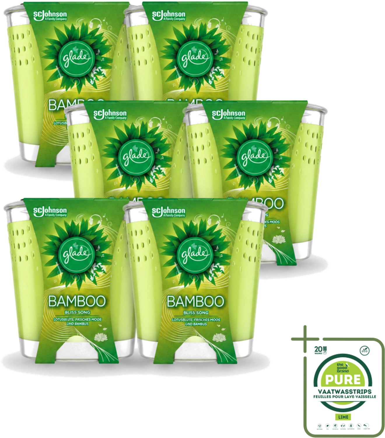 6 x Glade - Geurkaars - Bamboo Bliss Song - Frisse Geur & Relaxatie - 129 g - Grootverpakking - Vaatwasstrips - Geurkaars - Bamboe Geur - Rustgevende Geur - Geur In Huis - Ontspanning