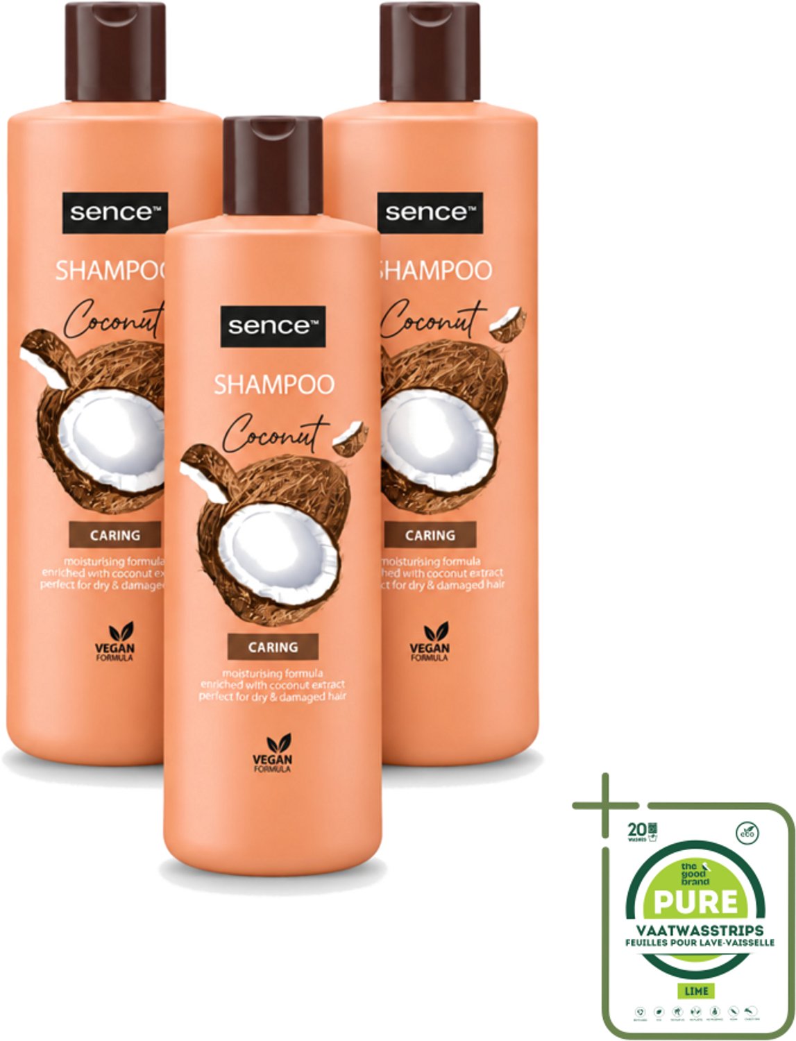 3 x Sence - Coconut - Shampoo - Verzorgend - 400 ml - Voordeelverpakking - Grootverpakking - Vaatwasstrips - Kokos Shampoo - Droog Haar Shampoo - Gezond Haar - Haar Verzorging - Glans Haar