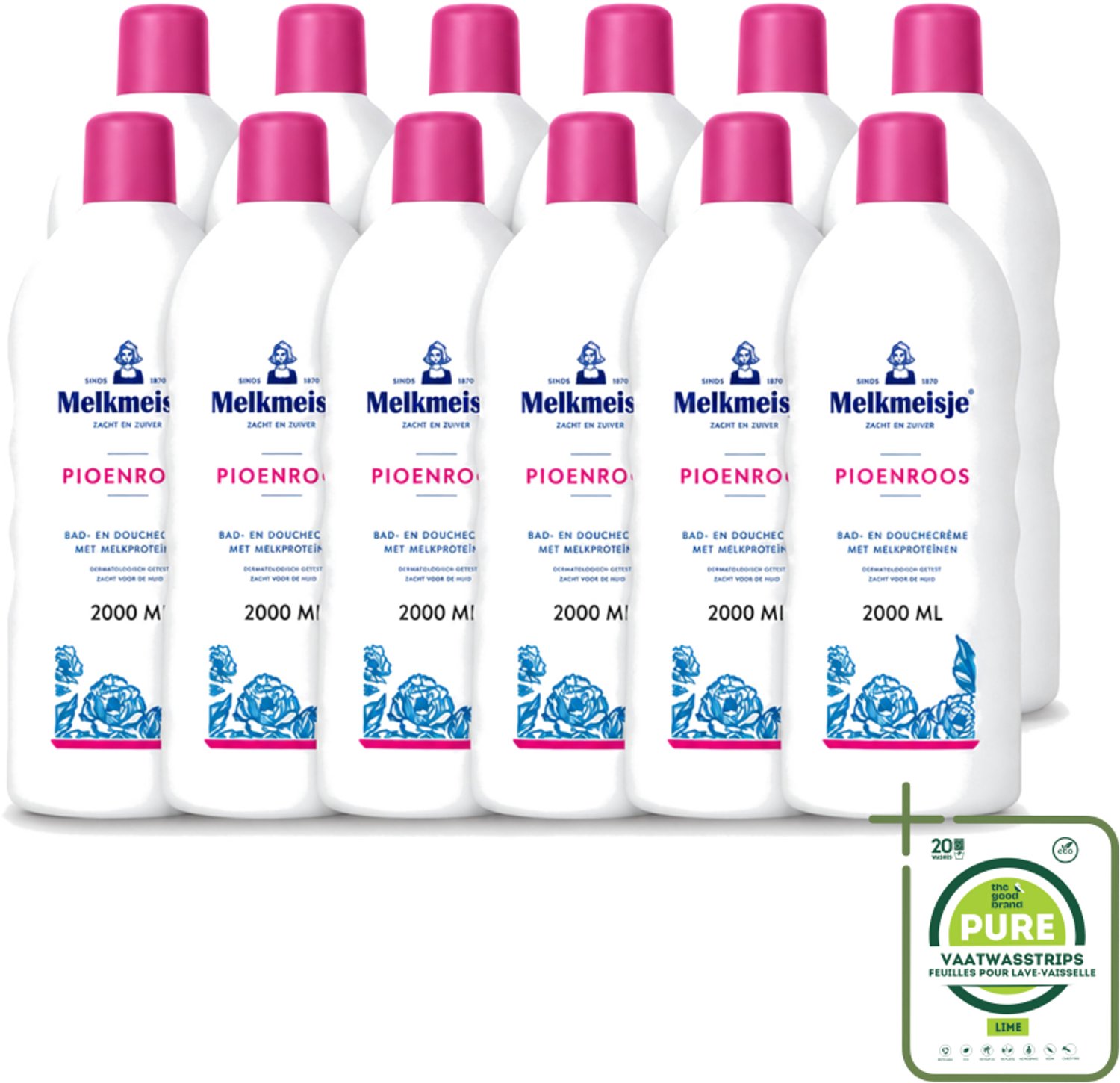 12 x Melkmeisje - Bad & Douche - Pioenroos Geur - Verzorgend & Hydraterend - 2000 ml - Grootverpakking - Vaatwasstrips - Douchecrème - Melkmeisje - Pioenroos - Huidverzorging - Melkproteïnen