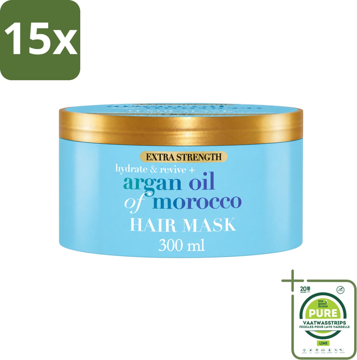 15 x OGX - Argan Oil of Morocco - Haarmasker - Extra Sterk - Voor Beschadigd Haar - 300 ml - Grootverpakking - Vaatwasstrips - Haarmasker - Arganolie - Haarherstel - Beschadigd Haar - Droog Haar