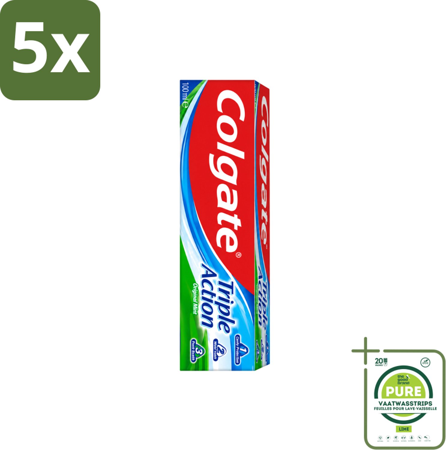 5 x Colgate - Triple Action - Original Mint - Tandpasta - 100ml - Grootverpakking - Vaatwasstrips - Tandpasta - Gaatjesbescherming - Wittere Tanden - Frisse Adem - Mondverzorging