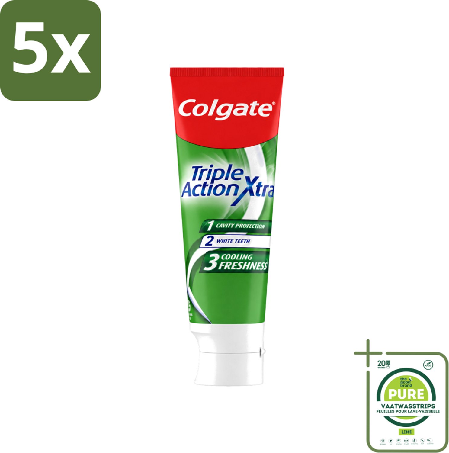5 x Colgate - Triple Action - Xtra Fresh - Tandpasta - 75ml - Grootverpakking - Vaatwasstrips - Tandpasta - Gaatjes - Tanden - Frisse Adem - Witte Tanden
