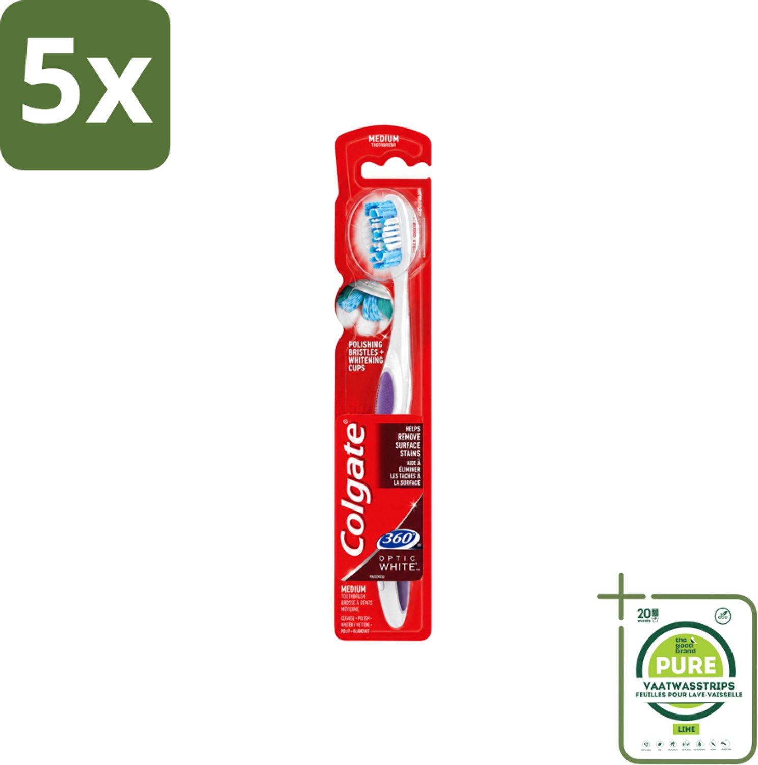 5 x Colgate - Tandenborstel - 360 Optic White Medium- Wit - 1 Tandenborstel - Grootverpakking - Vaatwasstrips - Tandenborstel - Tanden Reinigen - Wittere Tanden - Mondverzorging - Tong Reinigen