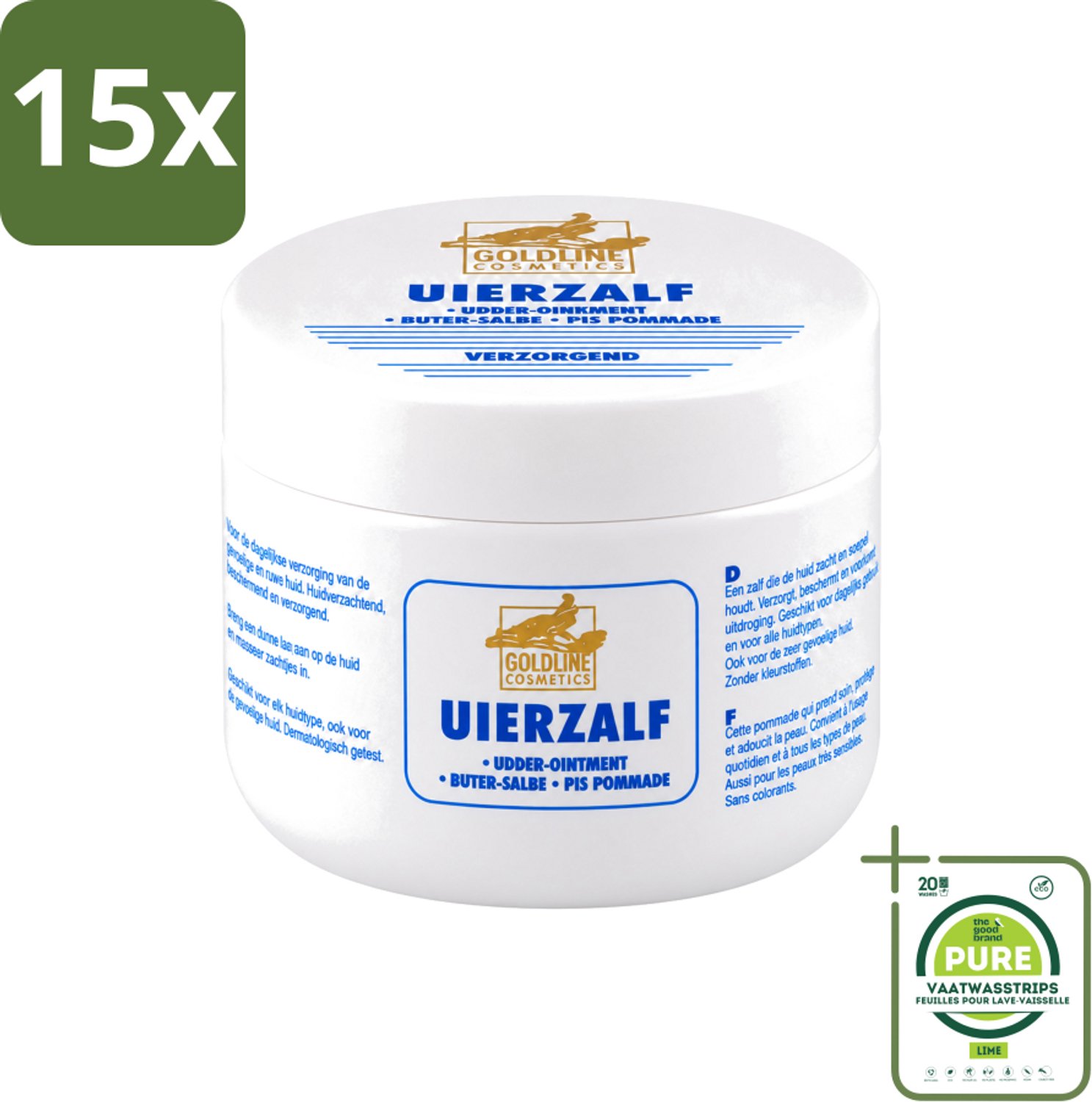 15 x Goldline - Uierzalf - Bodycrème - Beschermend - 250 ml - Grootverpakking - Vaatwasstrips - Uierzalf - Huidbescherming - Huidverzorging - Droge Huid - Gevoelige Huid