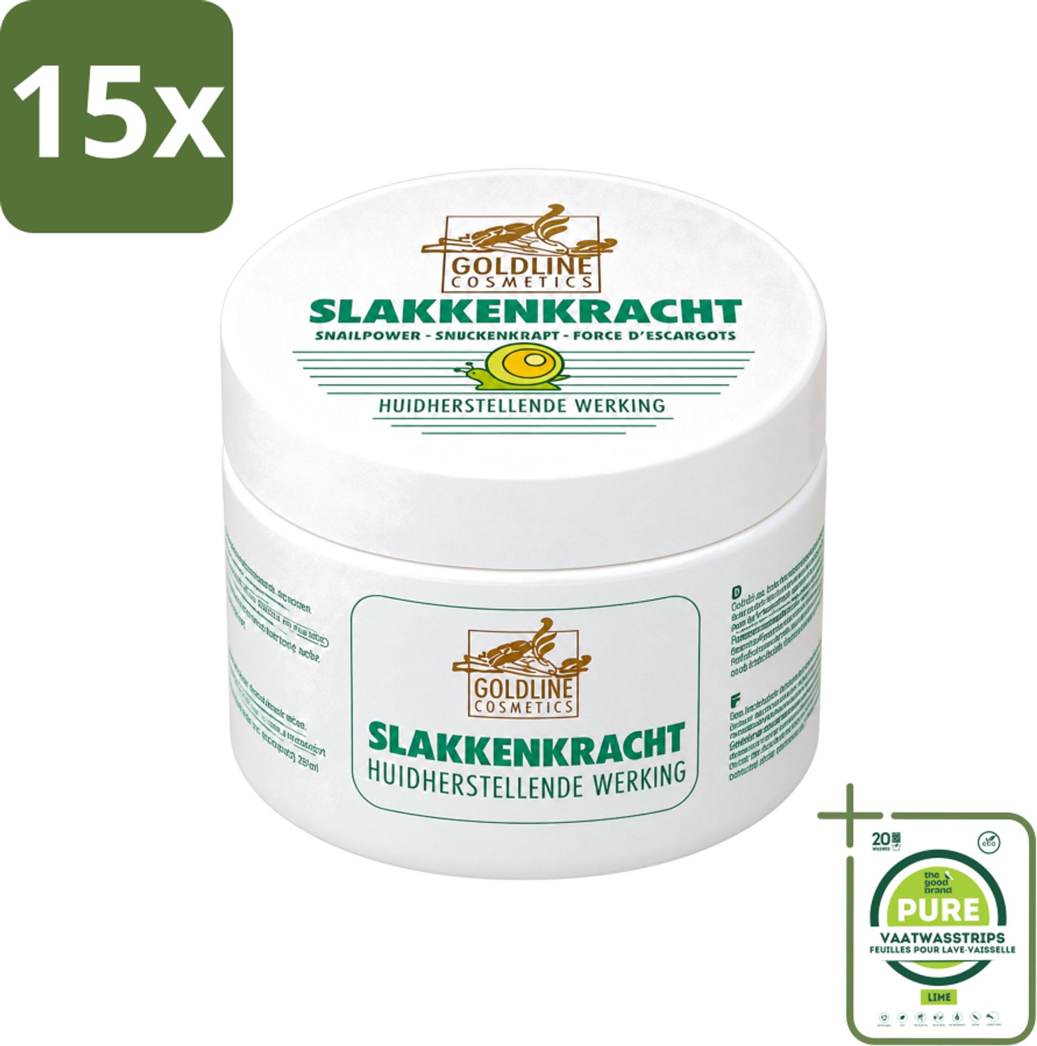 15 x Goldline - Bodycrème - Slakkenkracht - Huidverzorging - Verzachtend - 250 ml - Grootverpakking - Vaatwasstrips - Huidverzorging - Slakkenkracht - Bodycrème - Herstelcrème - Hydratatie