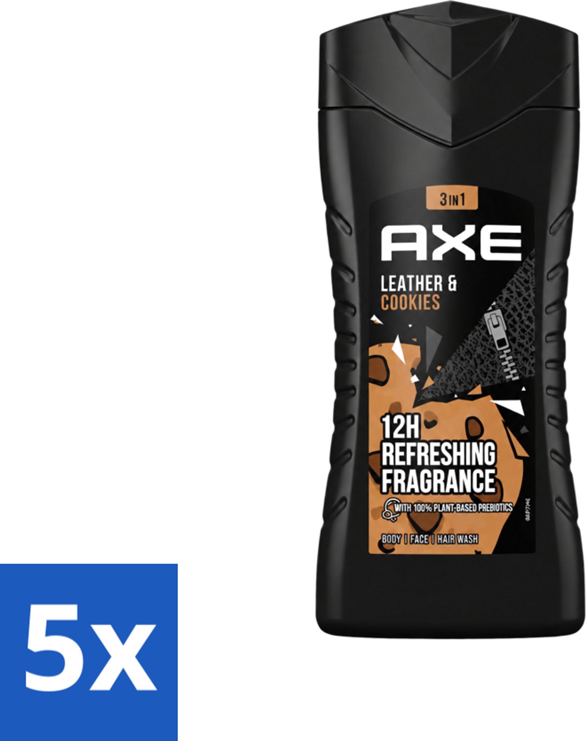 5 x Axe - 3-in-1 Douchegel - Leather & Cookies - 100% Plantaardig - 250 ml - Voordeelverpakking - 5 stuks