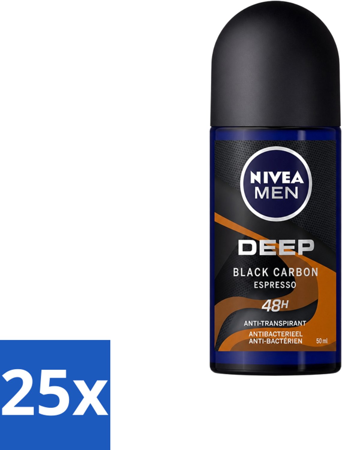 25 x Nivea - Men - Deodorant - Roller - Deep Black Carbon Espresso - 50 ml - Voordeelverpakking - 25 stuks