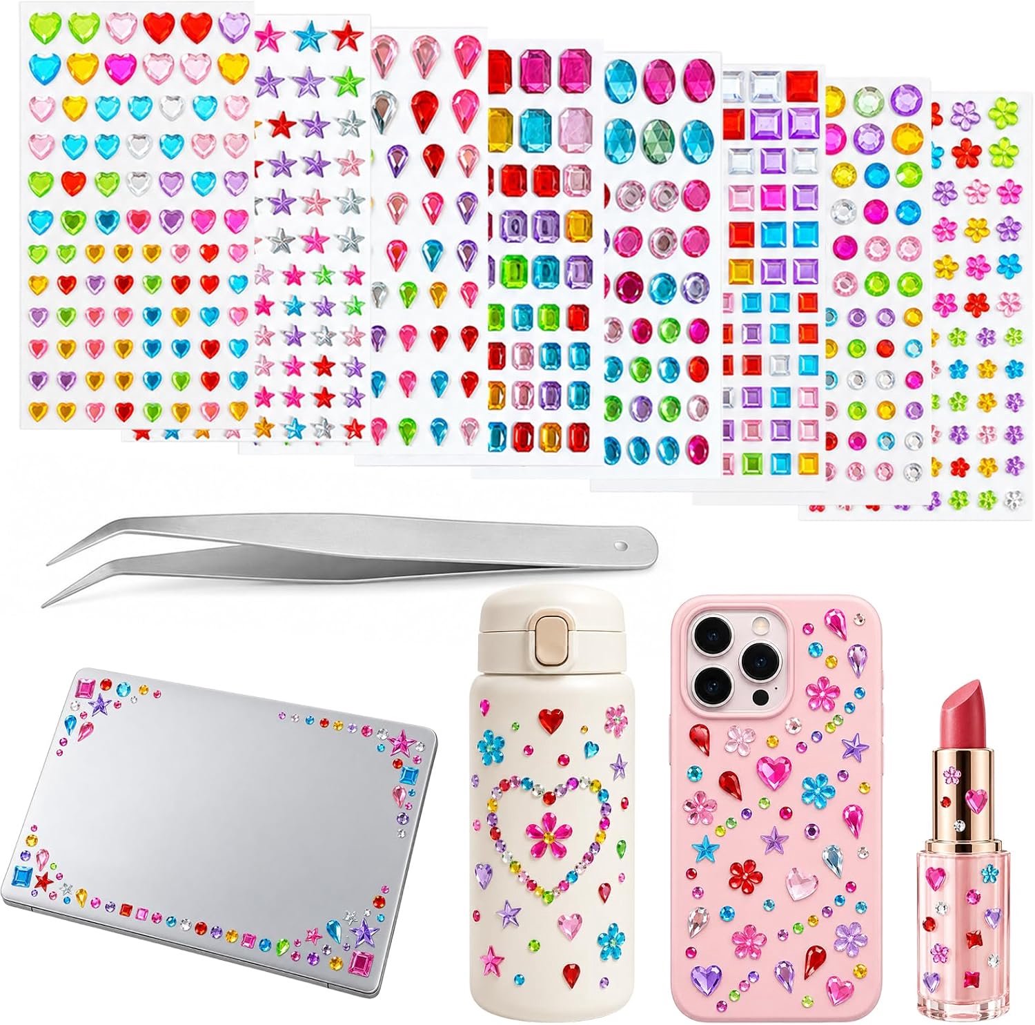 Glittersteentjes Set – 635 Strass Steentjes 8 Kleuren met Pincet, Gekleurde Edelsteentjes voor Nagels, Haar en DIY, Feestdecoratie