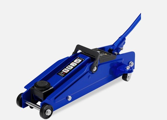 Blauwe 3-tons hydraulische krik met wielen en veiligheidsinstructies op de behuizing.