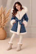 Meisjes Jeansjas met Bontvoering & Strass – Warme Spijkerjas – Wit bont– Winterjas Meisje - maat 158/164