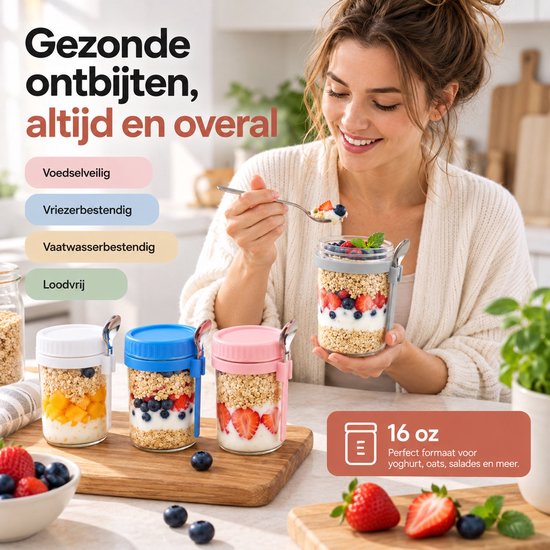 BOTC Overnight Oats Potjes - Voorraadpotten - Set van 4 met Lepels - 4x475ml - Glazen Potjes met deksels - Mason Jar — cadeau in Kookcadeaus - foto 2