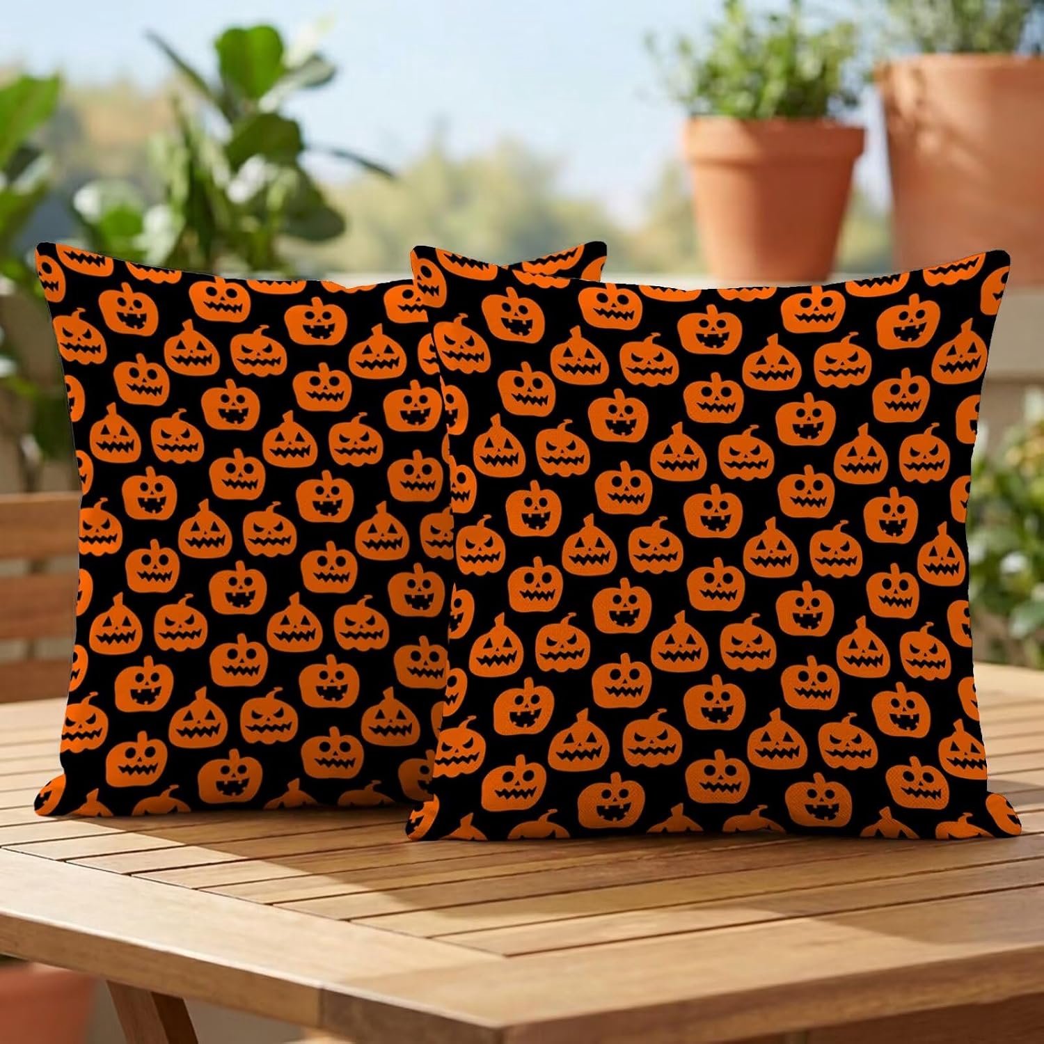 Set van 2 outdoor kussenslopen, 60x60 cm, outdoor kussens, weerbestendig, Halloween pompoenmotief, tuinkussen, zomer, modern sierkussen, bankkussen voor balkon, lounge, tuin, terras, woonkamer
