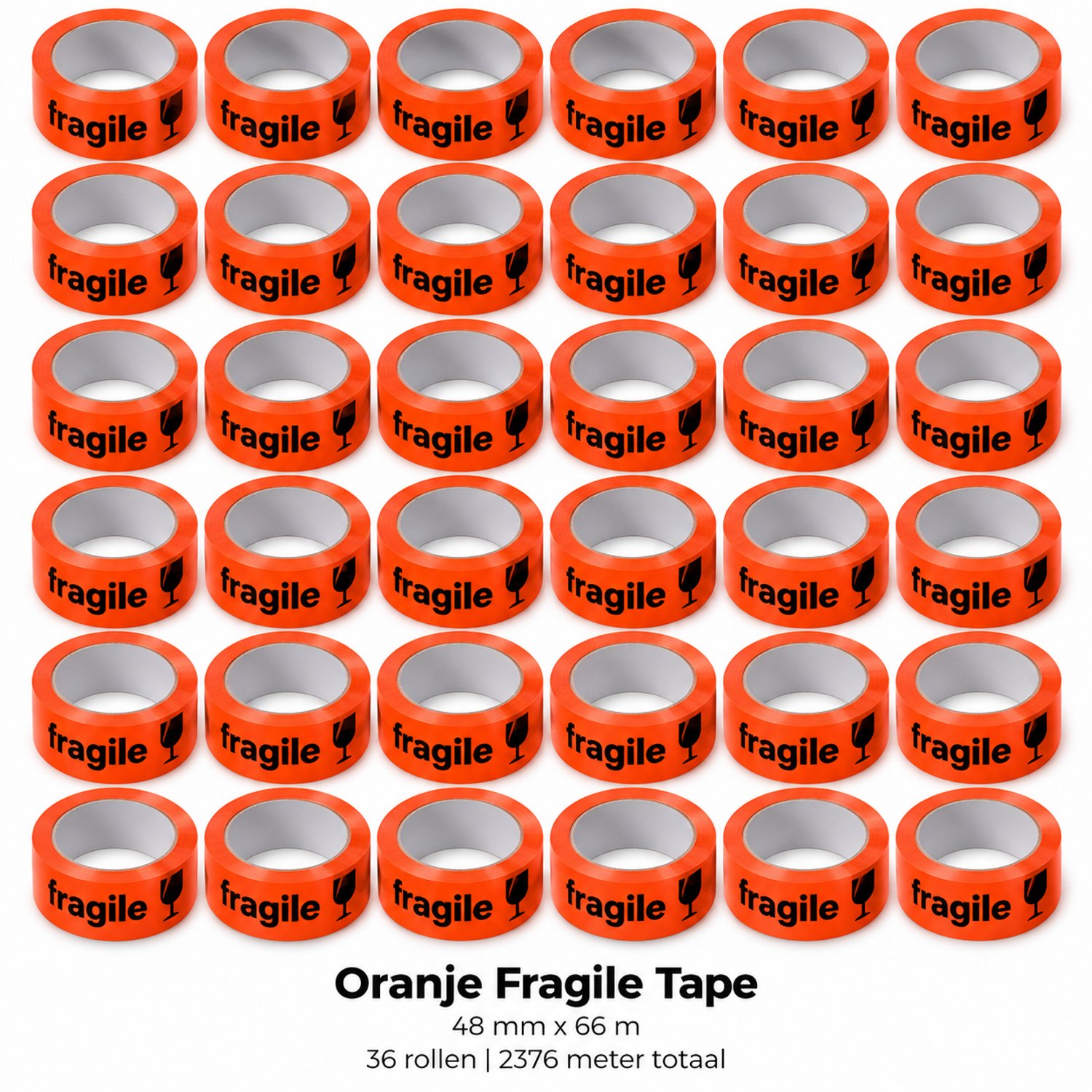 Oranje Fragile/Breekbaar Waarschuwingstape - 48 mm x 66 m - 36 Rollen