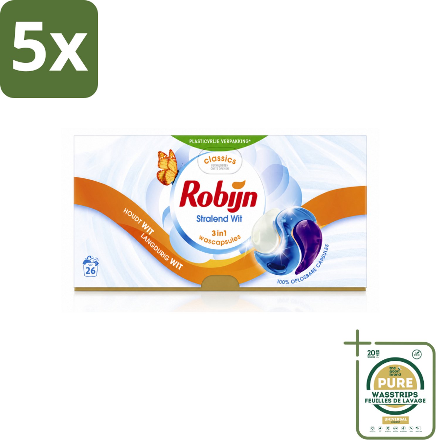 5 x Robijn – 3-in-1 Wascapsules – Stralend Wit - 26 Capsules - Wasstrips - Witwas - Wascapsules - Witmakers - Wasverzachter - Wasgeur