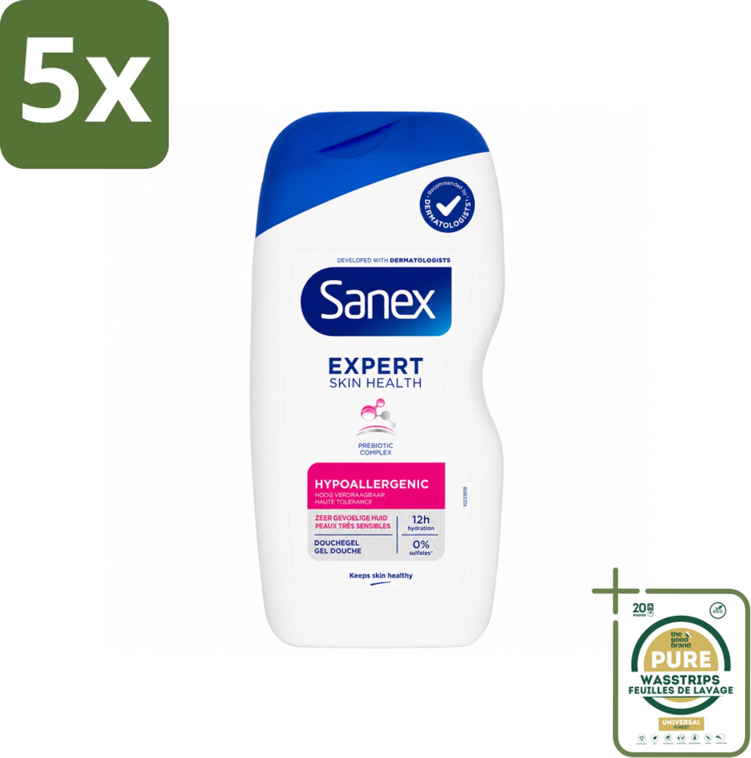 5 x Sanex – Douchegel – Expert Skin Health Hypoallergeen – 400 ml - Wasstrips - Douchegel Hypoallergenisch - Gevoelige Huid - Huidbarrière - Hydraterend - Pre- En Postbiotica
