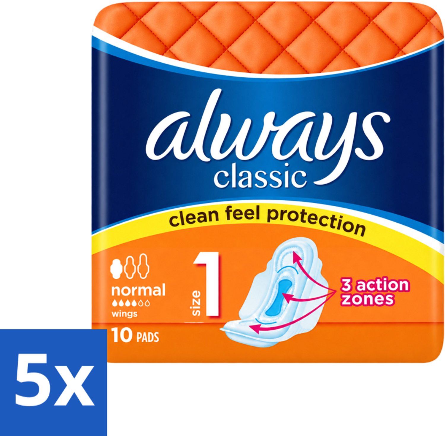 5 x Always Classic - Maandverband - Normaal met Vleugels - 10 Maandverbandjes - Voordeelverpakking - 5 stuks