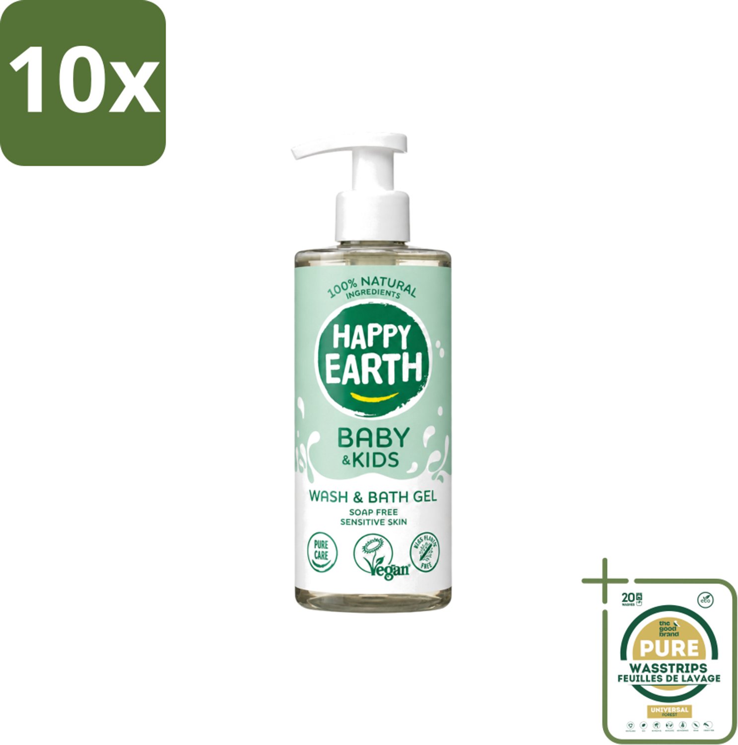 10 x Happy Earth – Was & Badgel – Zeepvrij Baby & Kids – 300 ml - Wasstrips - Babywasgel - Zeepvrij Babywasgel - Huidverzorging - Mild Wasgel - Allergeenvrije Wasgel