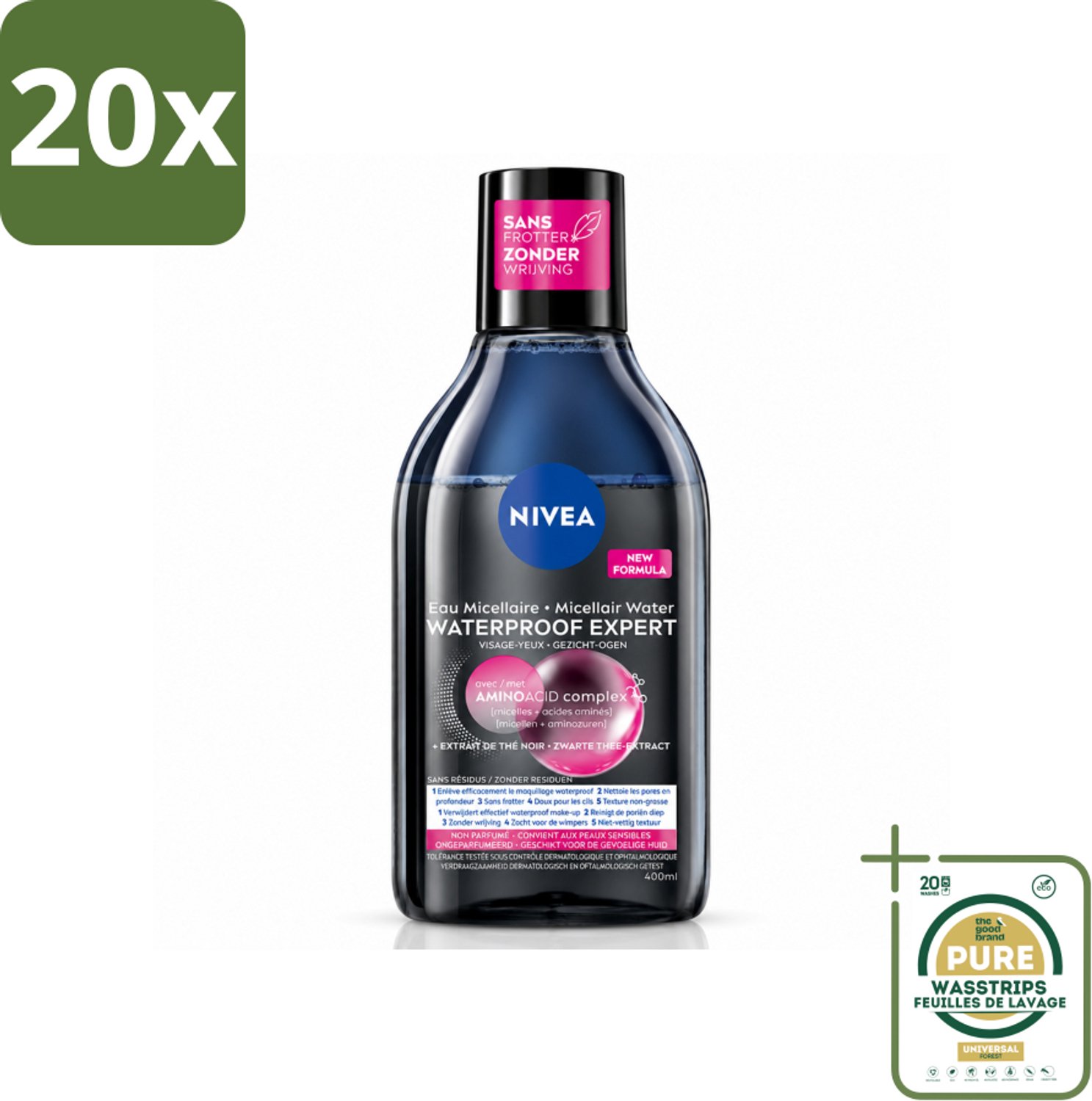 20 x NIVEA – Micellair Reinigingswater – Waterproof Expert – 400 ml - Wasstrips - Make-up Verwijderen - Gezicht Reinigen - Micellair Water - Huid Reinigen - Waterproof Make-up Verwijderen