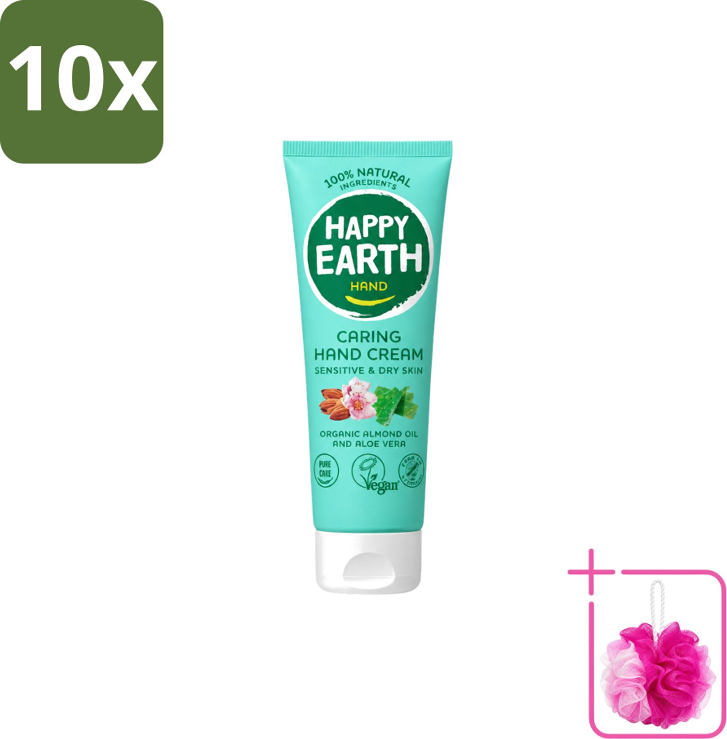 10 x Happy Earth – Handcrème – 100% Natuurlijk – 75 ml - Bulkverpakking - Natuurlijke handcrème - Douchemop - Vegan handcrème