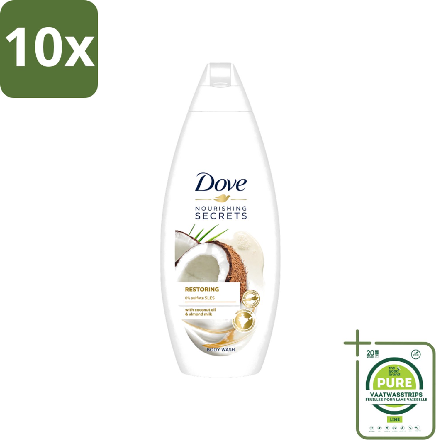 10 x Dove Nourishing Secrets - Douchegel - Kokosolie & Amandel melk - Sulfaatvrij - 250 ml - Grootverpakking - Vaatwasstrips - Douchegel - Kokosolie - Amandelmelk - Natuurlijke Verzorging - Sulfaatvrije Douchegel