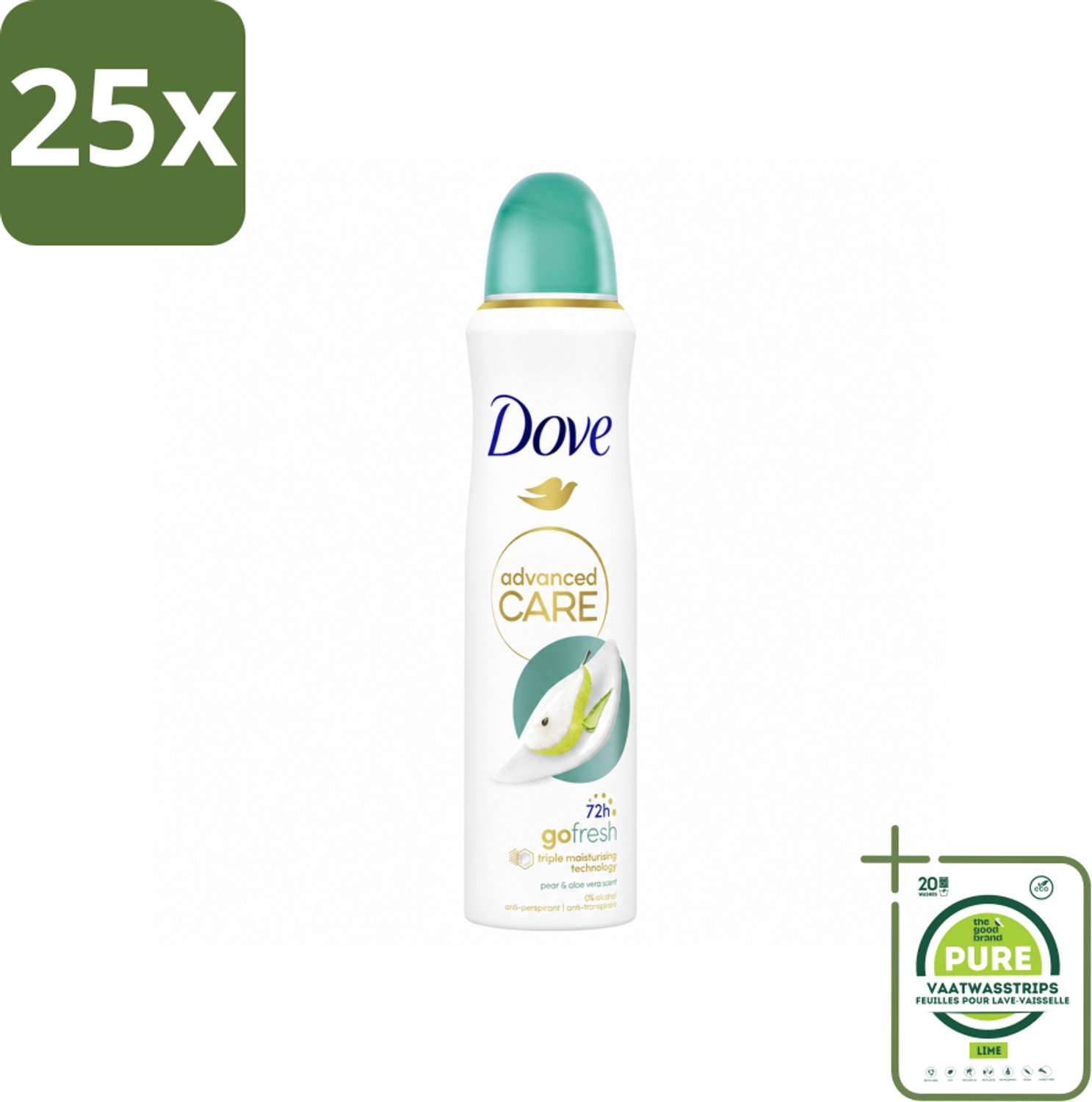25 x Dove – Deodorant Spray – Peer & Aloe Vera – 150 ml - Grootverpakking - Vaatwasstrips - Anti-transpirant - Deodorant Spray - Zweetvermindering - Frisse Geur - Huidverzorging