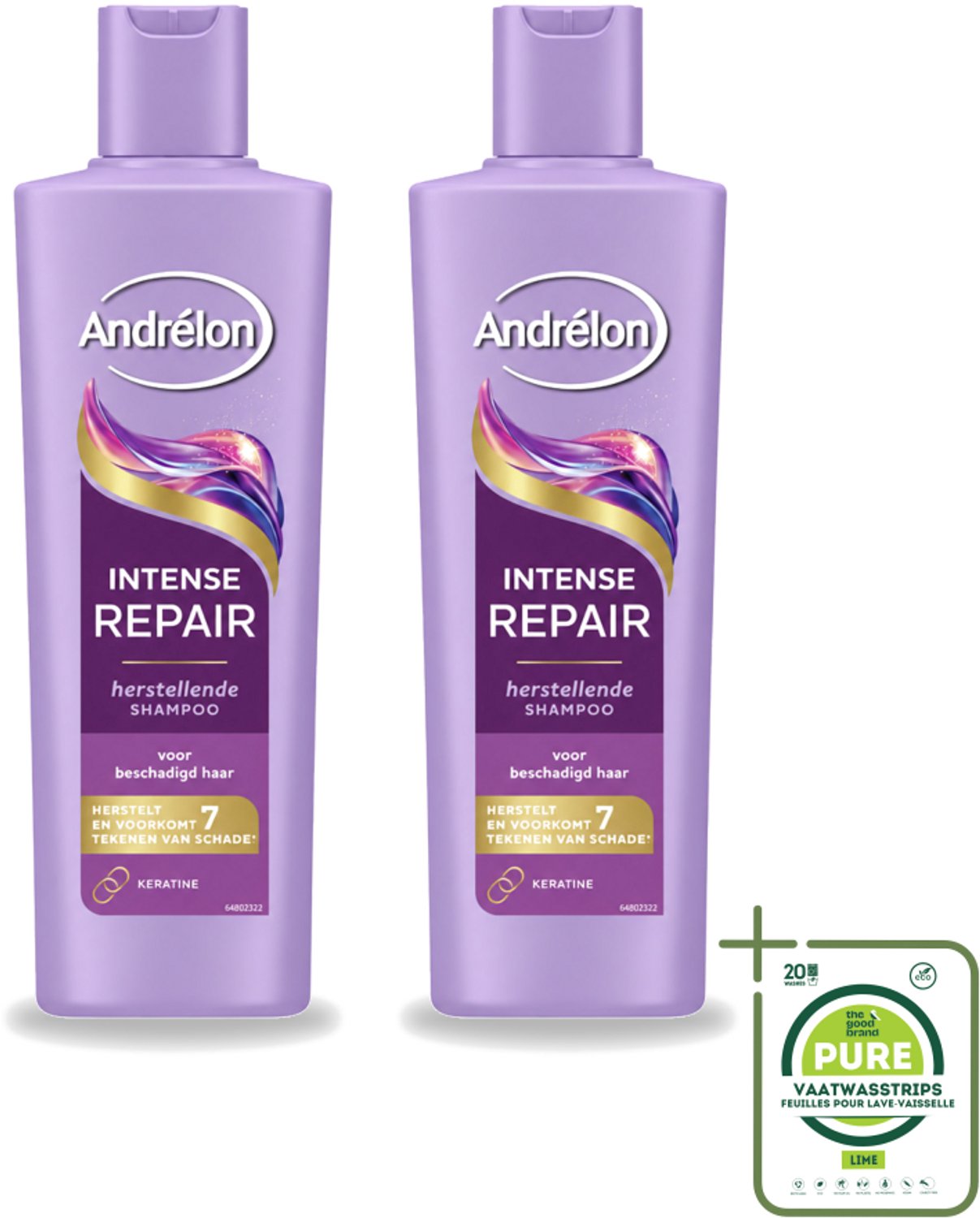 2 x Andrélon – Shampoo – Intense Repair – 250 ml - Grootverpakking - Vaatwasstrips - Haar Herstellen - Beschadigd Haar - Keratine Shampoo - Haar Beschermen - Haar Herstel