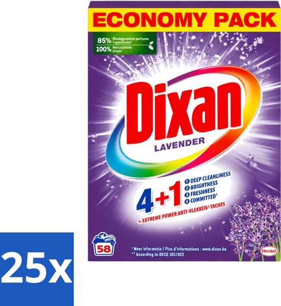 25 x Dixan - Waspoeder en Vlekverwijderaar - Witte en Gekleurde Was - Lavendel - 58 Wasbeurten - Voordeelverpakking - 25 stuks