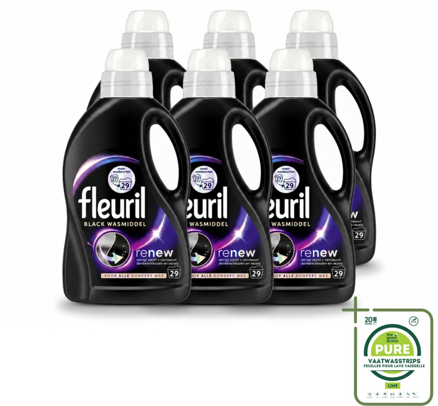 6 x Fleuril – Wasmiddel - Black – 29 wasbeurten – 1,305 L - Grootverpakking - Vaatwasstrips - Wasmiddel Zwart - Kleurbehoud Zwart - Donkere Kleding - Vervaging Voorkomen - Kleding Beschermen
