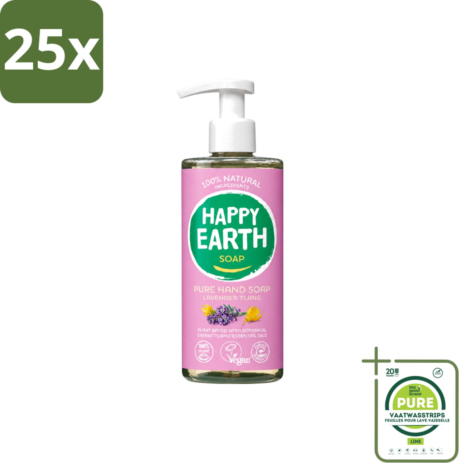 25 x Happy Earth – Handzeep – 100% Natuurlijk Lavender Ylang – 300 ml - Grootverpakking - Vaatwasstrips - Natuurlijke Handzeep - Vegan Handzeep - Lavendel Handzeep - Ylang Handzeep - Huidvriendelijke Handzeep