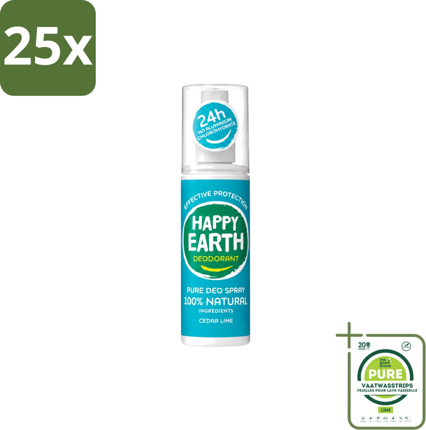 25 x Happy Earth – Deodorant Spray – 100% Natuurlijk Cedar Lime – 100 ml - Grootverpakking - Vaatwasstrips - Deodorant Spray - Fris Geur - Cederhout En Limoen - Natuurlijke Deodorant - Huidvriendelijk