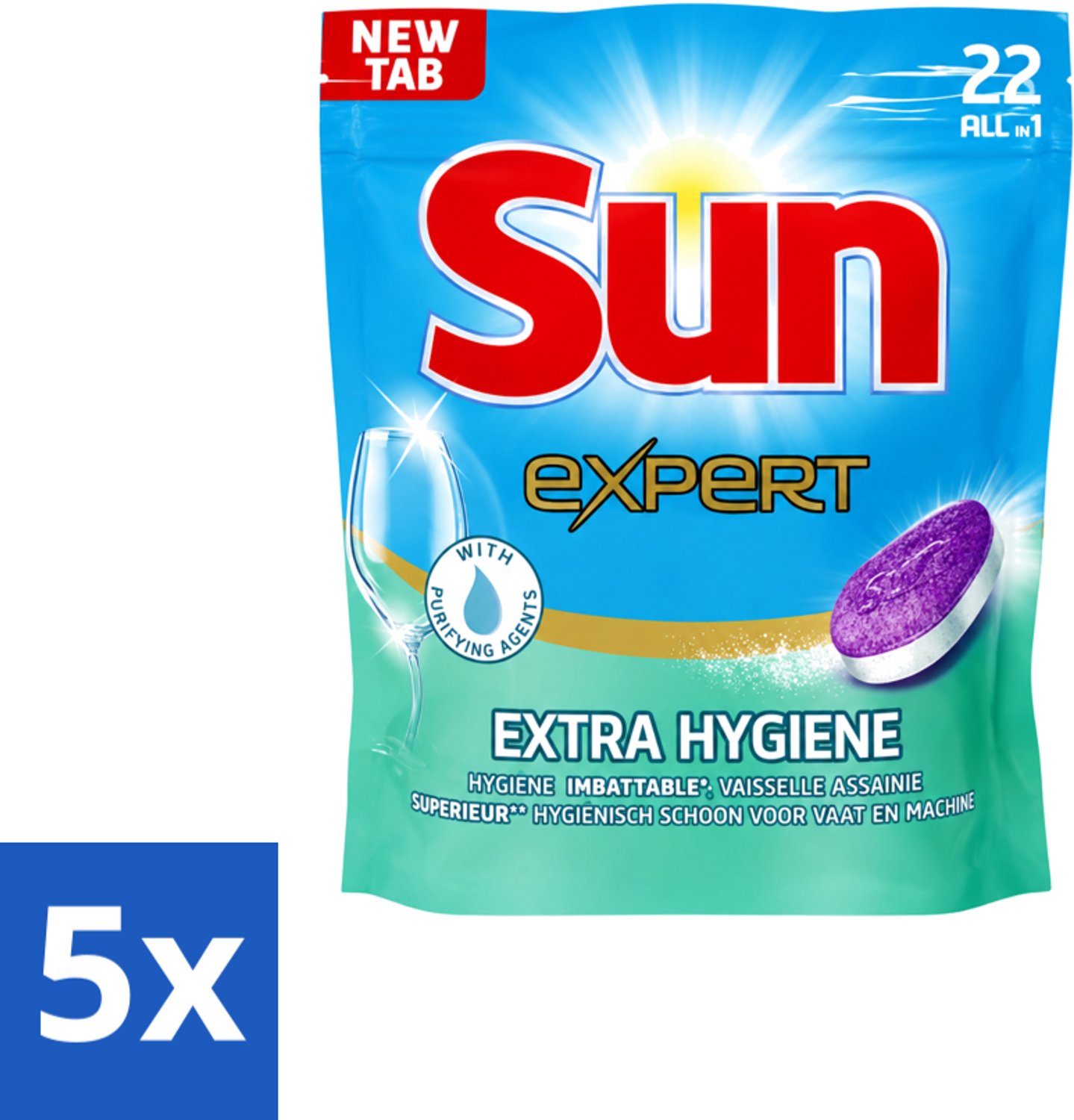 5 x Sun Expert - Extra Hygiëne - Vaatwastabletten - 22 Tabletten - Voordeelverpakking - 5 stuks