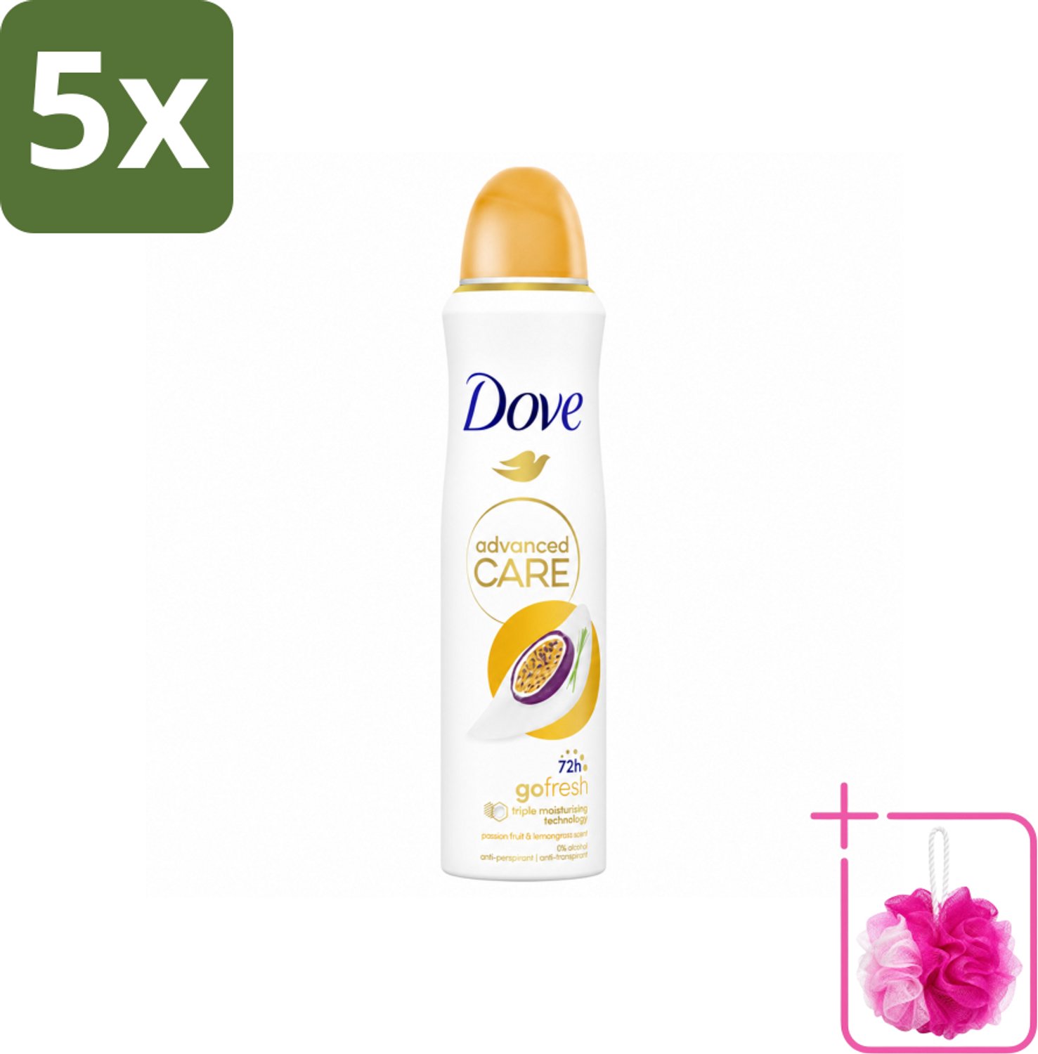 5 x Dove – Deodorant Spray – Passievrucht & Citroengras – 150 ml - Bulkverpakking - Anti-transpirant - Douchemop - Deodorant spray