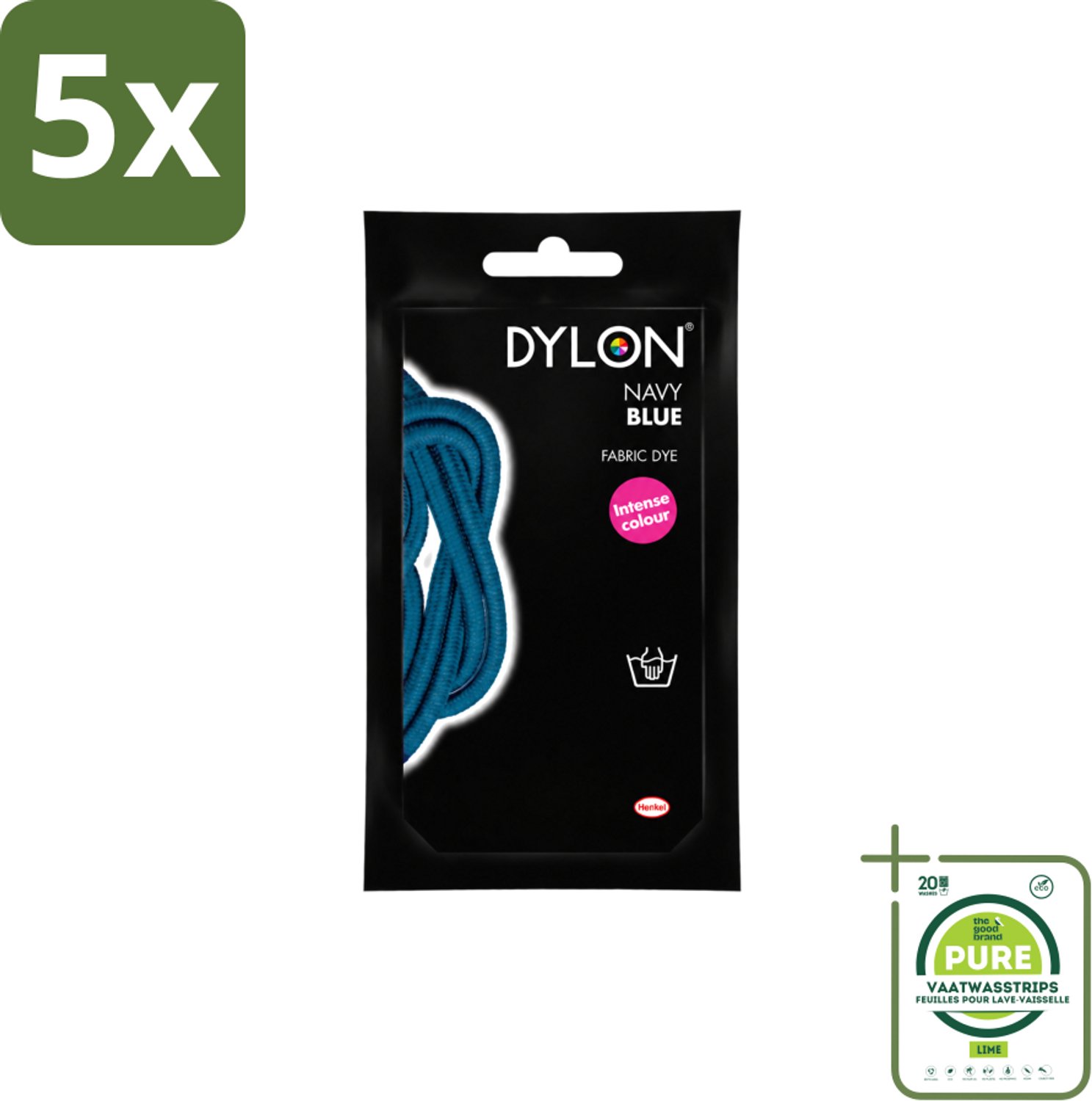 5 x DYLON – Textielverf Handwas – Navy Blue – 50 g - Grootverpakking - Vaatwasstrips - Navy Blue - Marineblauw - Textielverf - Handwas - Kleurstof