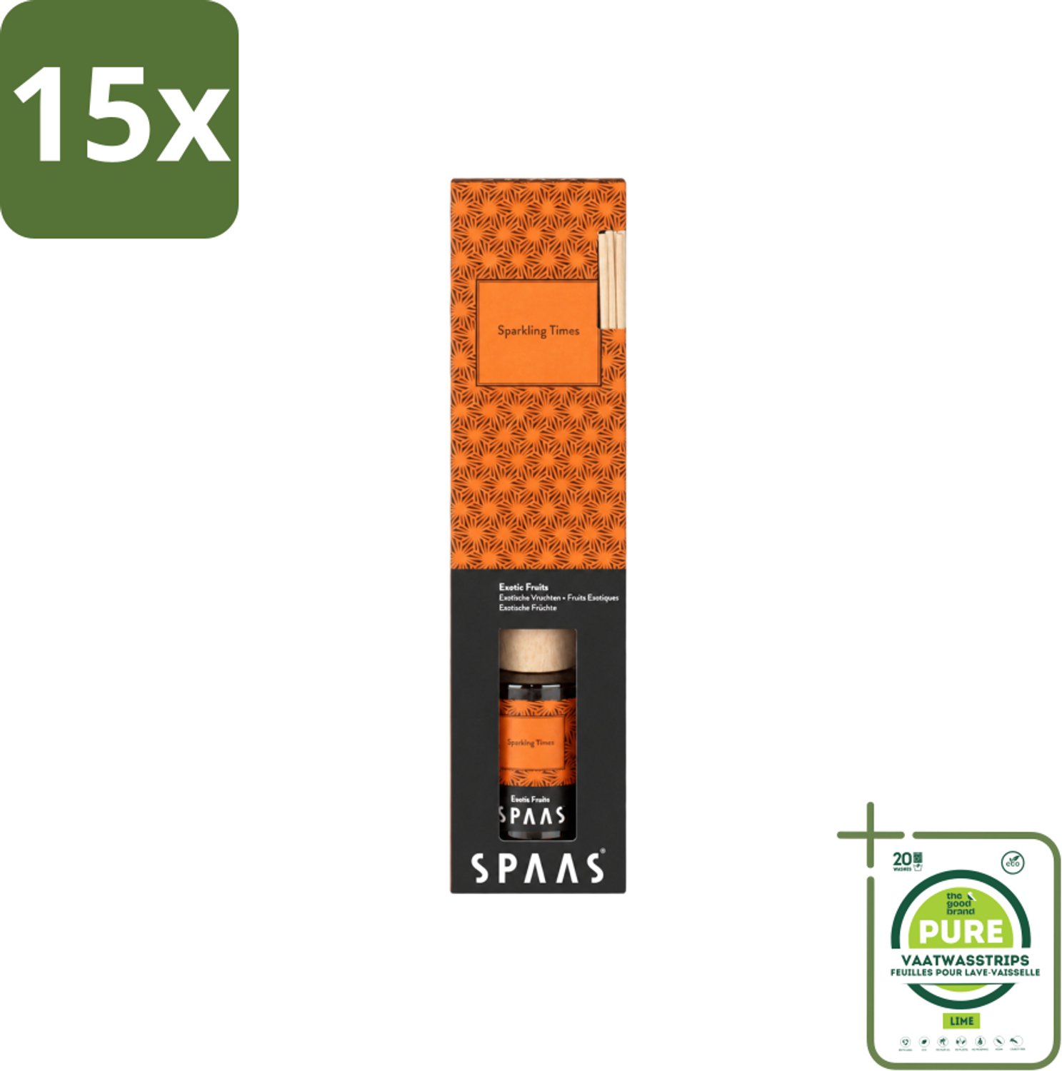 15 x Spaas - Geurstokjes - Sparkling Times - Exotische Vruchten - 80 ml - Grootverpakking - Vaatwasstrips - Geurstokjes - Exotische Geur - Fruitige Geur - Spaas Geurstokjes - Sparkling Times