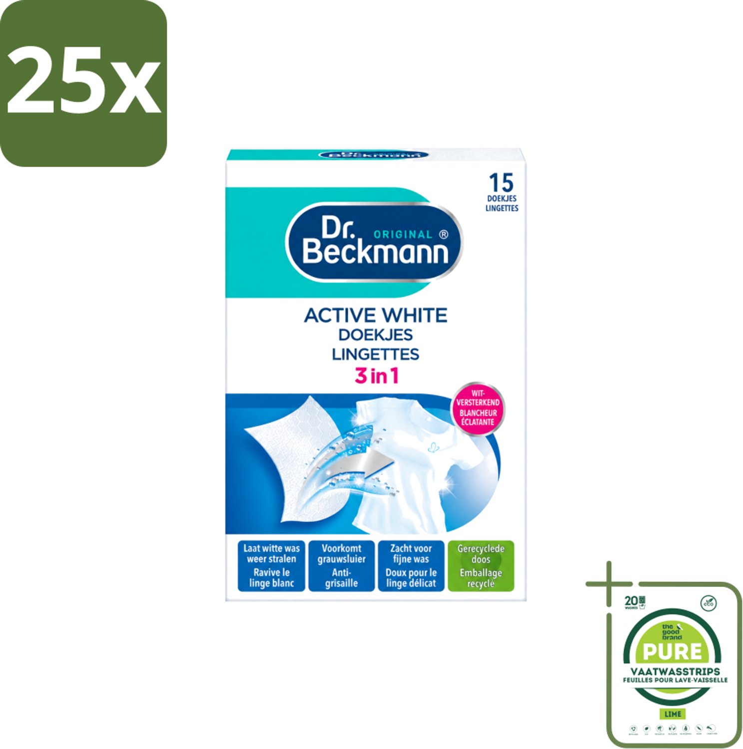 25 x Dr. Beckmann - Kleurverzorging - Active White - Witte Was - 15 Doekjes - Grootverpakking - Vaatwasstrips - Witwas - Grauwsluier Verwijderen - Witte Was Herstellen - Actieve Witmaker - Was Reinigen