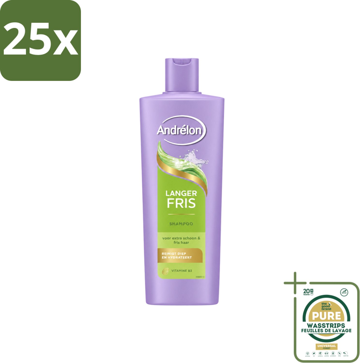 25 x Andrélon – Shampoo – Langer Fris – 400 ml - Wasstrips - Haar Reinigen - Fris Haar - Luchtig Haar - Vitamine B3 - Vet Haar