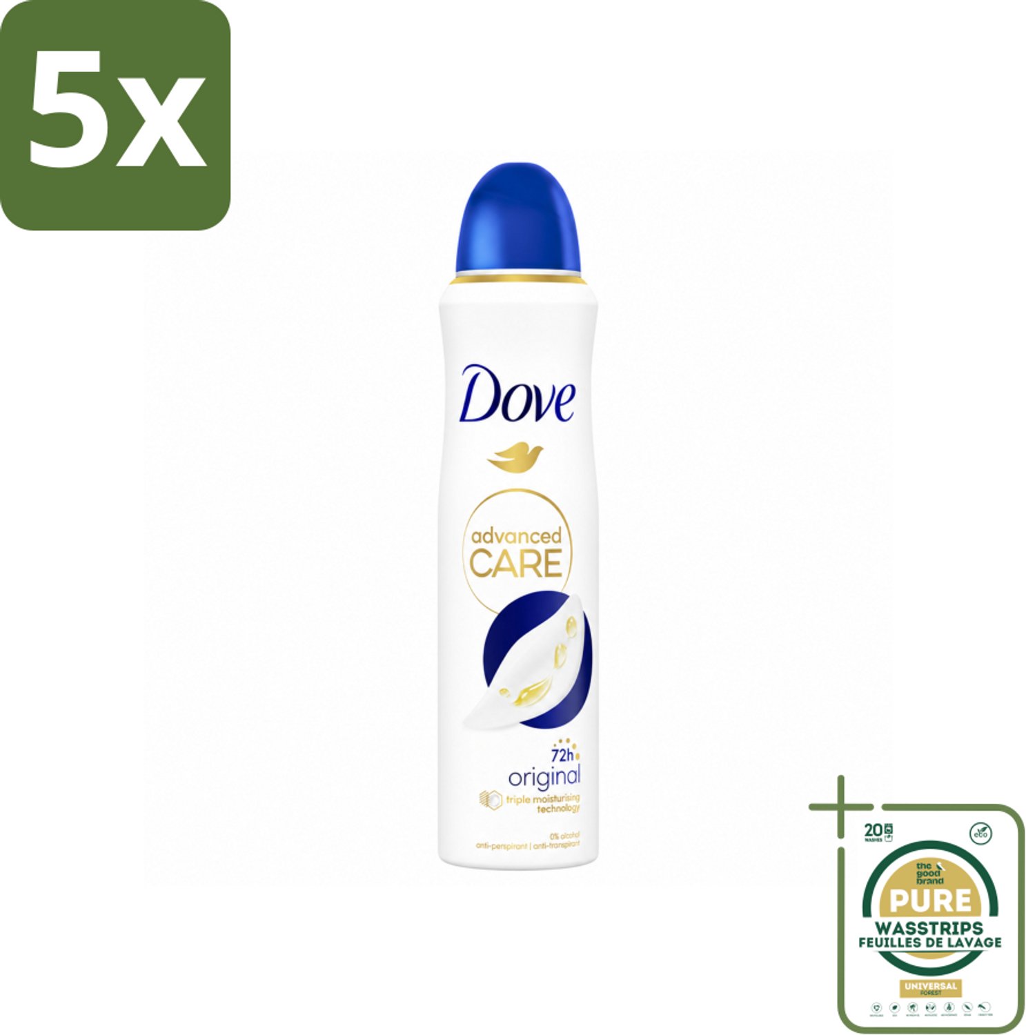 5 x Dove – Deodorant Spray – Original – 150 ml - Wasstrips - Anti-transpirant Spray - Deodorant Spray - Okselbescherming - Zweetvermindering - Huidverzorging