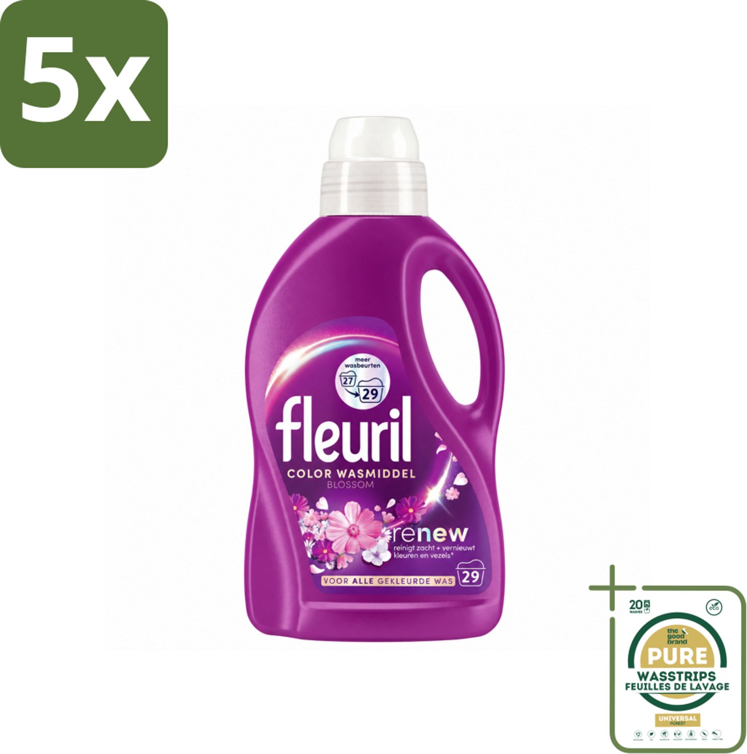 5 x Fleuril – Wasmiddel - Color Blossom – 29 wasbeurten – 1,305 L - Wasstrips - Kleurbehoud - Wasmiddel Voor Gekleurde Kleding - Bloesemgeur - Wasmiddel Voor Gekleurde Stoffen - Anti-verkleuring
