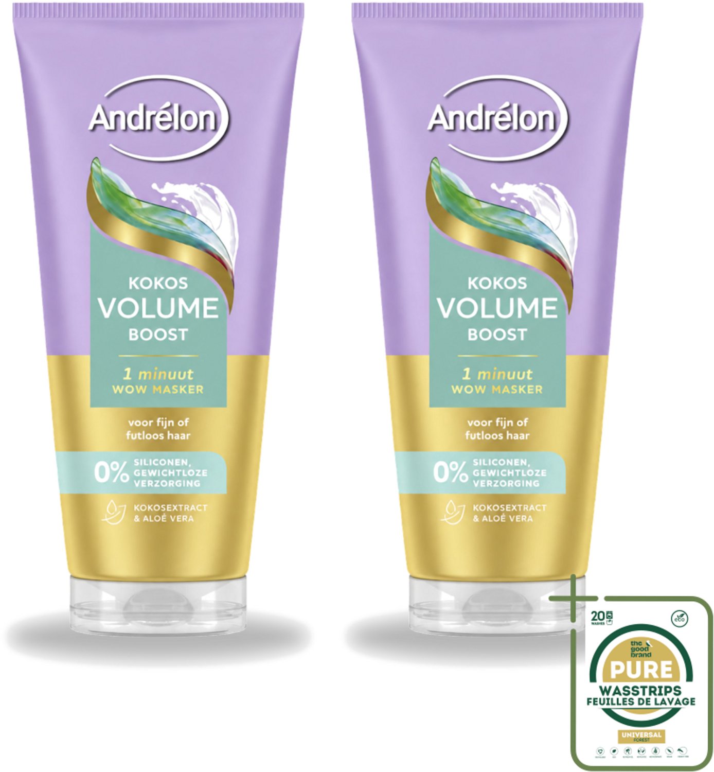 2 x Andrélon – Haarmasker WOW – Kokos Volume Boost – 180 ml - Wasstrips - Haarmasker - Volume - Fijn Haar - Futloos Haar - Luchtig Haar