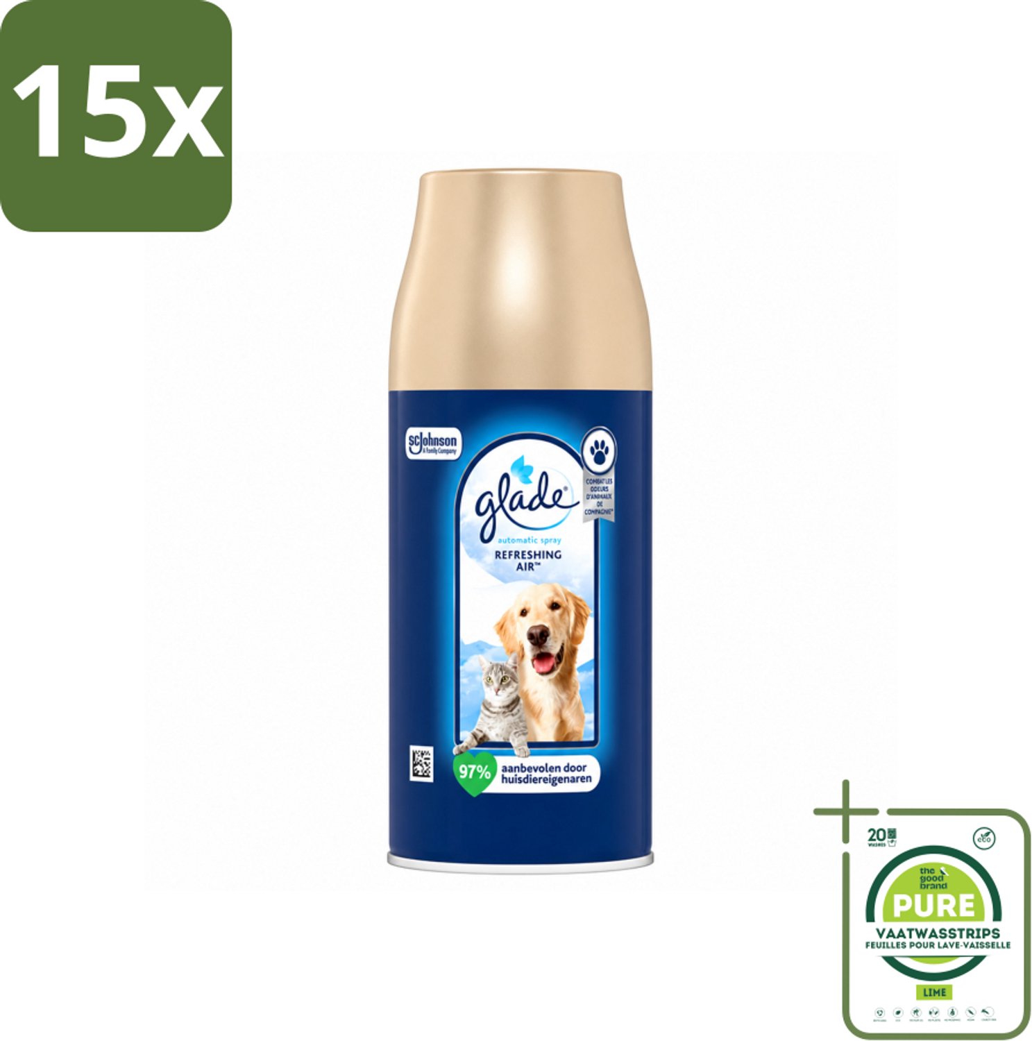 15 x Glade – Automatic Spray Navulling – Refreshing Air Huisdieren – 269 ml - Grootverpakking - Vaatwasstrips - Huisdieren Geur - Dierengeur Neutraliseren - Luchtverfrisser - Frisse Geur - Automatische Spray