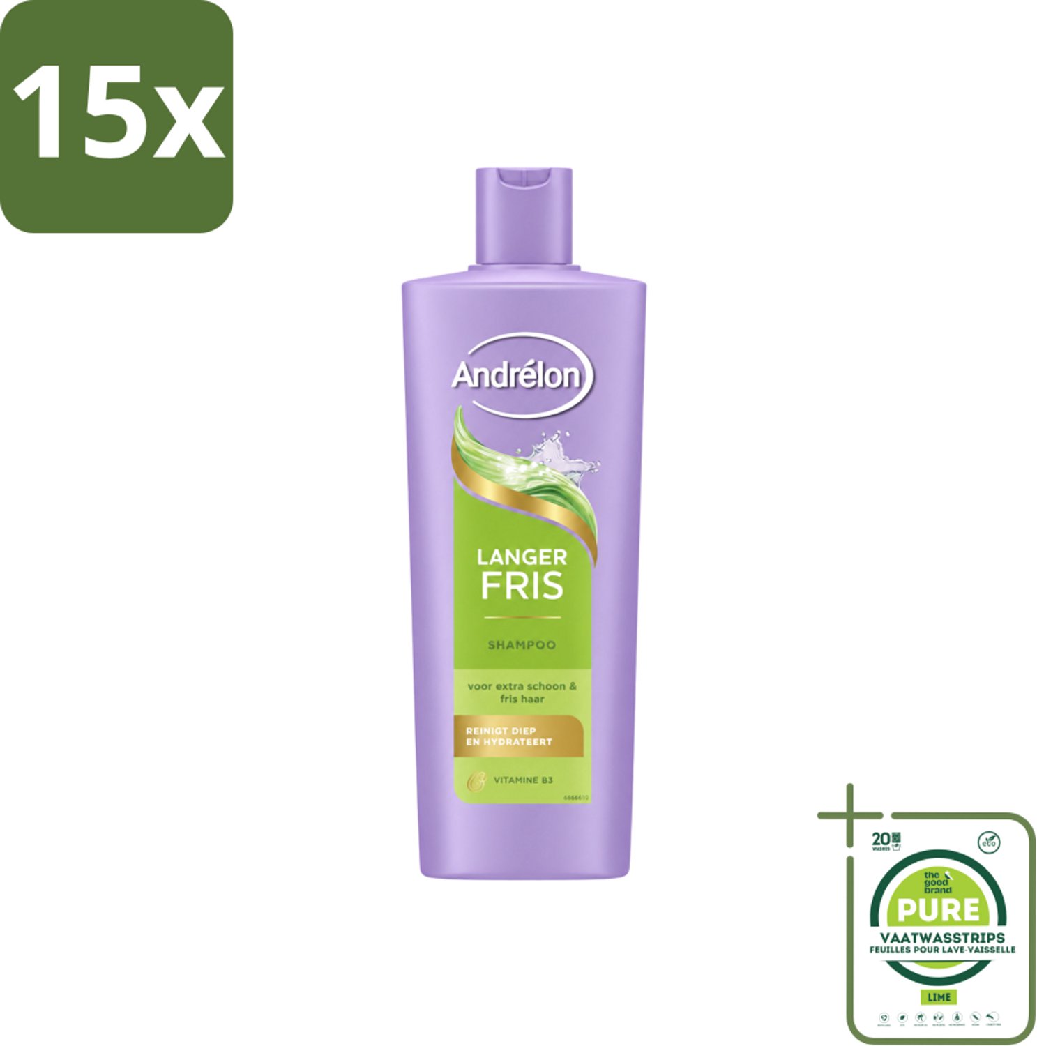 15 x Andrélon – Shampoo – Langer Fris – 400 ml - Grootverpakking - Vaatwasstrips - Luchtig Haar - Fris Haar - Vet Haar - Diepe Reiniging - Vitamine B3