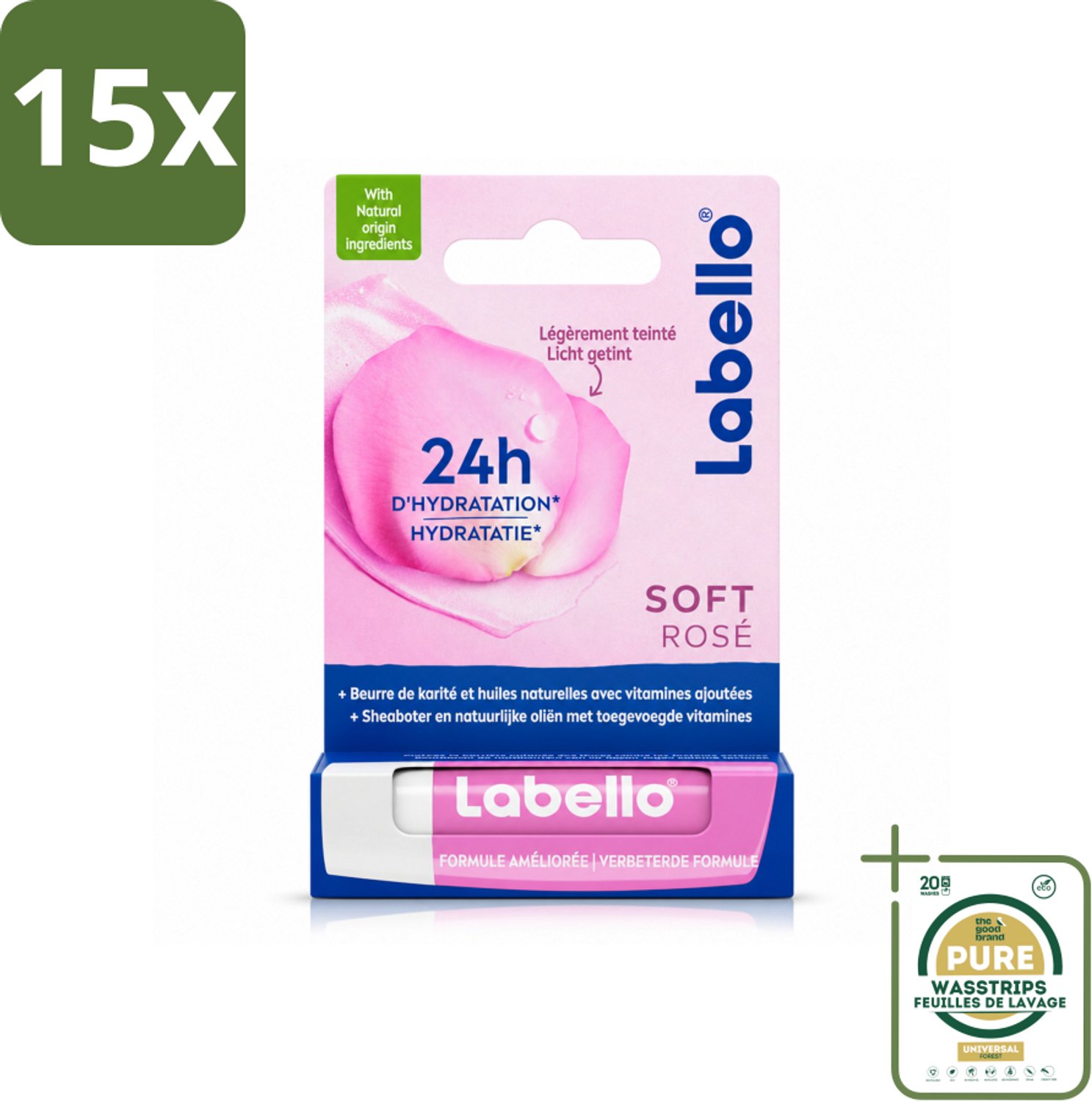 15 x Labello – Lippenbalsem – Soft Rosé – Lippenbalsem – 24H Hydratatie - Wasstrips - Lippenbalsem - Hydratatie - Roze Glans - Natuurlijke Lippen - Lippen Verzorging