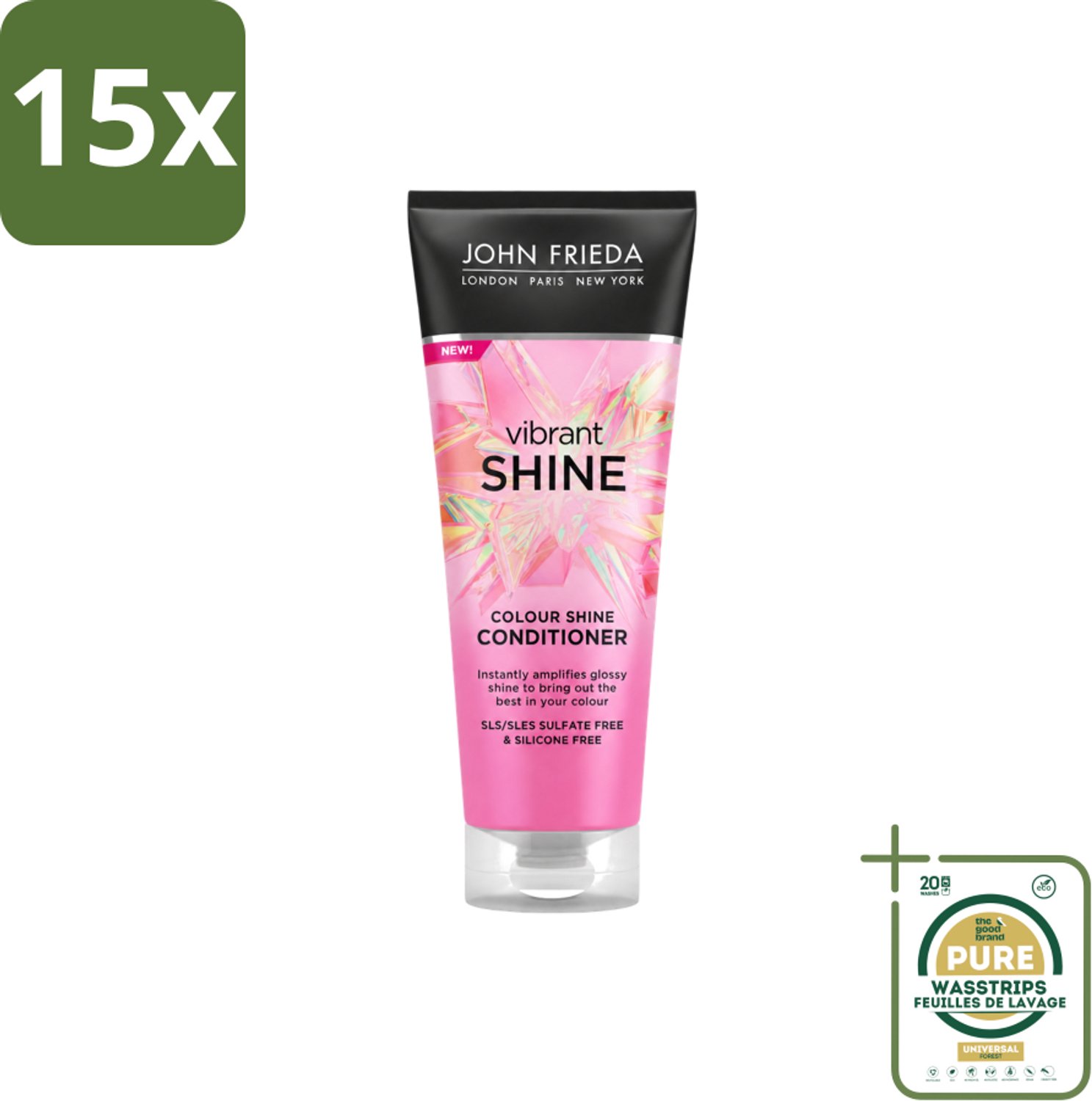 15 x John Frieda – Conditioner – Vibrant Shine Colour – Glansversterkend – 250 ml - Wasstrips - Haarverzorging - Glansversterking - Haarkleur - Haarcrème - Haarverzorging Voor Geverfd Haar