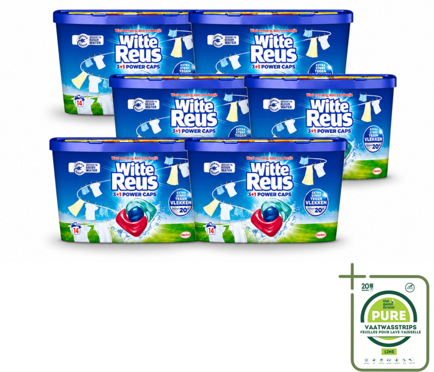 6 x Witte Reus - Wasmiddel - Power Caps 3+1 - 14 Capsules - Grootverpakking - Vaatwasstrips - Wasmiddel - Wascapsule - Reiniging - Witte Wasmiddel - Krachtige Wasmiddel