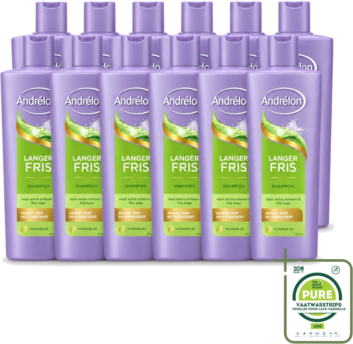 12 x Andrélon – Shampoo – Langer Fris – 400 ml - Grootverpakking - Vaatwasstrips - Luchtig Haar - Fris Haar - Vet Haar - Diepe Reiniging - Vitamine B3